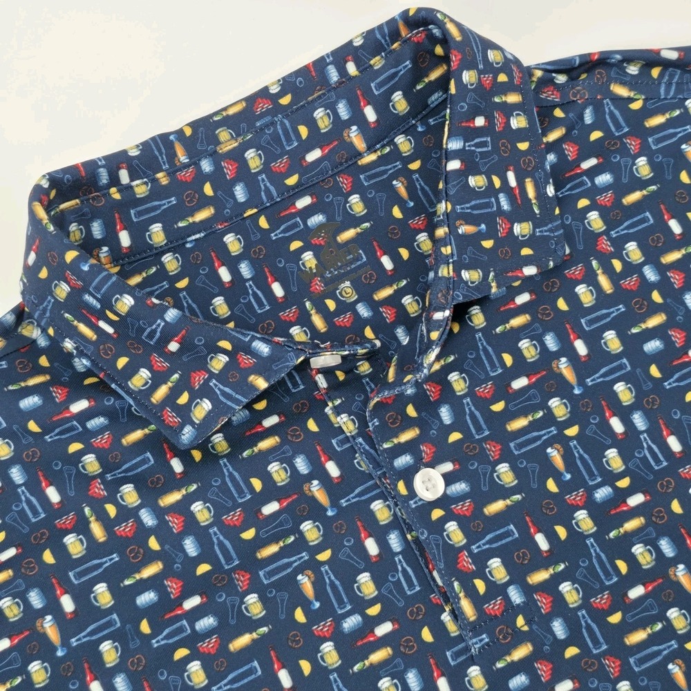 Warner Safari Men Polo Shirt Brewski Beer Geometric Print Sz Large Blue